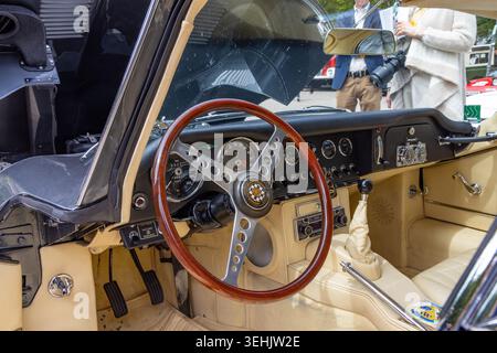 Wiesbaden, Germany - May 16, 2026: elegant dashboard of an old Jaguar E-Type cabrio. Stock Photo
