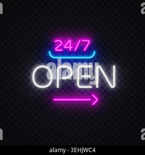 Neon open sign with vivid glow and trendy retro design. Bright storefront symbol for cafe, shop, restaurant or business promotion. Stock Vector