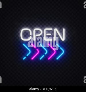 Neon open text with dynamic arrows and electric colors. Modern glowing banner for retail, nightlife, sale or welcoming entrance. Stock Vector
