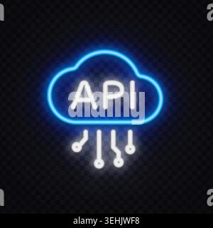 Neon API cloud icon with glowing circuit lines and tech style. Futuristic symbol for software development, cloud computing or digital connection. Stock Vector