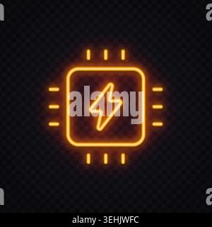 Neon processor icon with electric lightning and glowing cyber design. Futuristic technology symbol for hardware, power system or digital innovation. Stock Vector