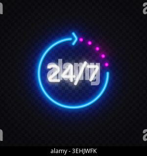 Neon 24 7 sign with glowing arrow and modern cyber style. Bright nightlife symbol for service, support, online store or nonstop business. Stock Vector