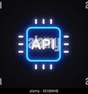 Bright neon API chip icon with futuristic electronic details. Modern technology symbol for coding, software interface or data processing. Stock Vector