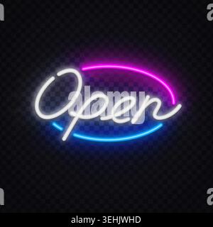 Elegant neon open lettering with vibrant pink and blue light. Stylish glowing element for cafe, club, boutique or modern branding. Stock Vector