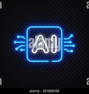Futuristic neon AI processor icon with glowing circuit elements. Modern technology symbol for artificial intelligence, machine learning or innovation. Stock Vector