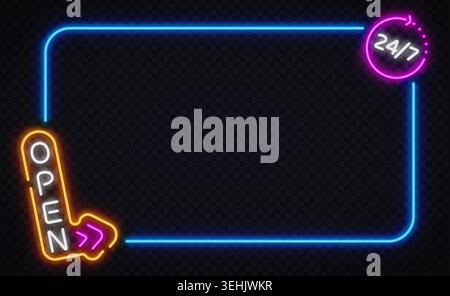 Neon open frame with colorful glowing signs and empty copy space. Modern border template for promotion, advertising or social media design. Stock Vector