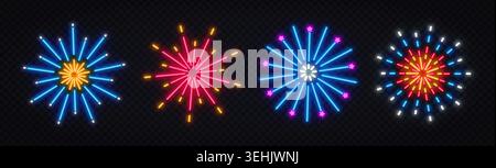 Neon fireworks collection with colorful glowing bursts and festive light effects. Bright celebration icon set for holiday party, festival, New Year or Stock Vector