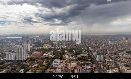 Karachi, Pakistan - May 10, 2026: Dramatic aerial view of Karachi city under heavy monsoon rain clouds. Panoramic urban cityscape of Karachi Stock Photo