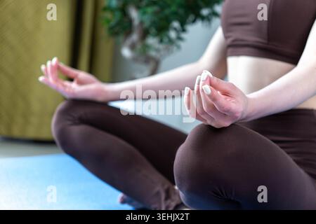 Young woman meditating and practicing yoga at home in a cozy living room. Calm female sitting on yoga mat in lotus pose during morning wellness routin Stock Photo