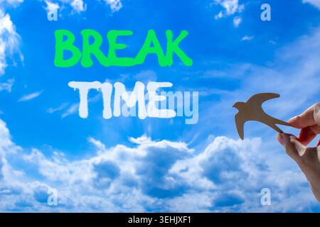 Break time symbol. Concept word Break time on beautiful blue sky. Businessman's hand with wooden bird. Beautiful blue sky and cloud background. Busine Stock Photo