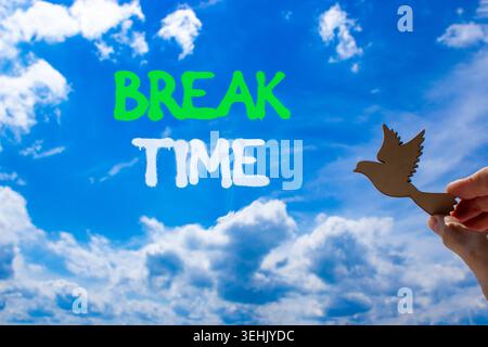 Break time symbol. Concept word Break time on beautiful blue sky. Businessman's hand with wooden bird. Beautiful blue sky and cloud background. Busine Stock Photo