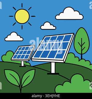 Modern solar panels installed in green nature field under blue sky and bright sun for renewable alternative electricity power generation and sustainab Stock Vector