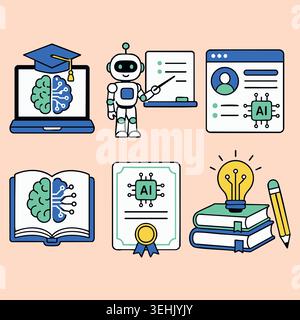 Education materials set with artificial intelligence brain icons computer coding software book and creative smart solution ideas for high tech educati Stock Vector