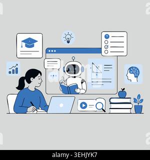 Young female student learning online with artificial intelligence assistant using laptop and digital school study materials for modern future educatio Stock Vector