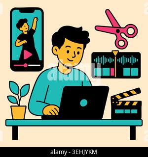 Young man creating media content using video editing software with visual timelines effect filters elements and motion graphics for production workspa Stock Vector