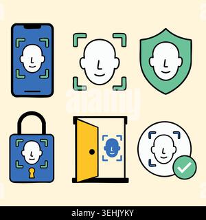 Security authentication icons featuring facial recognition digital privacy protection fingerprint login smart access control and secure data scan tech Stock Vector