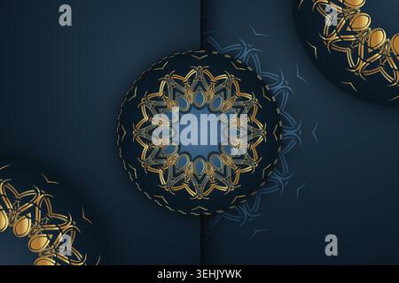 Symmetrical Gold Mandala Artwork On Deep Blue Decorative Background Stock Vector