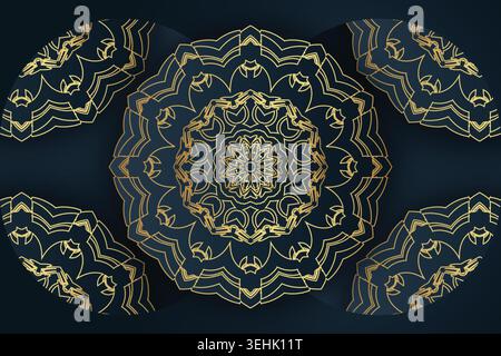 Abstract Luxury Mandala Art With Gold Geometric Shapes On Navy Background Stock Vector