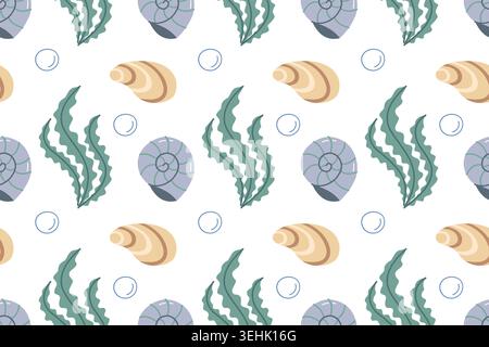 Cute marine seamless pattern with seashells and seaweed on white background for nursery textile, wrapping paper and wallpaper design Stock Vector