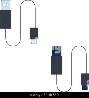Two distinct USB cables, one with USB-A to USB-C and the other with USB-A to micro-USB connectors, for data transfer and charging. Stock Vector