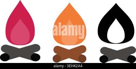 Three stylized campfire icons with flames in red, orange, and black, resting on crossed logs, against a white background. Stock Vector