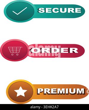 Three colorful oval badges with icons and text for secure, order, and premium services. Stock Vector