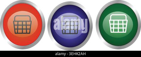 Three colorful circular buttons with shopping basket icons, representing e-commerce or online shopping functions for web and app interfaces. Stock Vector