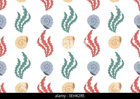 Seaweed seamless pattern with cute seashells and marine kelp on white background for nursery fabric, wrapping paper and kids wallpaper Stock Vector