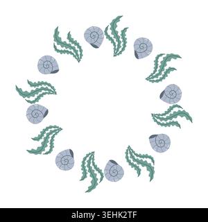 Marine round frame with cute seashells and green seaweed on white background for wedding invitation, baby shower card and logo design Stock Vector
