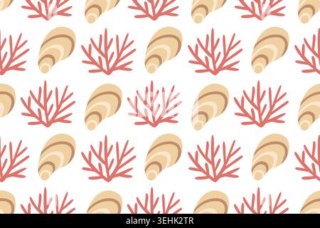 Sea seamless pattern with seashell and coral branch vector illustration on white background for summer fabric and beach design Stock Vector