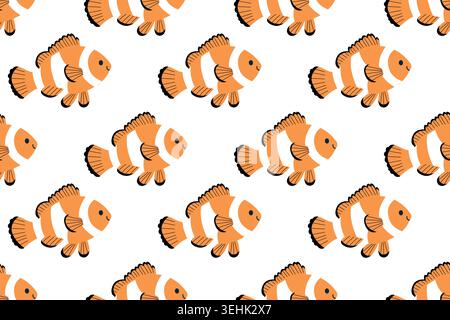 Cute clownfish seamless pattern with orange sea fish vector illustration on white background for kids fabric and nursery design Stock Vector