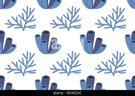 Blue coral seamless pattern with cute marine sponge and seaweed on white background for kids fabric textile and modern nursery design Stock Vector