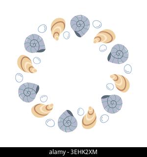 Seashell wreath border frame template with cute pastel sea shells and bubbles isolated on white background for summer beach wedding design Stock Vector