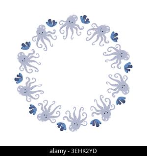 Octopus wreath frame template with cute cartoon marine animal and coral isolated on white background for kids nursery party design Stock Vector