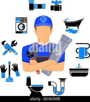 Plumbing service infographics like installation, repair and cleaning with plumber, tools and device and hand holds plumber wrench. two color flat icon Stock Vector
