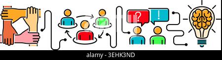 Teamwork or cooperation meeting horizontal banner with colored line icons team, handshake, brain and conference. team work process infographics. isola Stock Vector