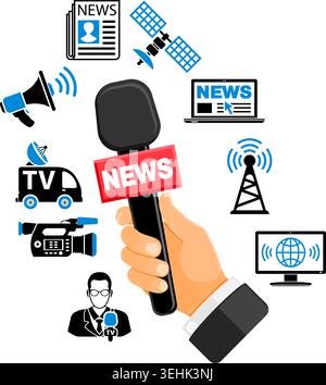 Media and News Vector Concept with Icon set in two color such as Journalist Microphone Newspaper Camera laptop and hand holds microphone. Isolated vec Stock Vector