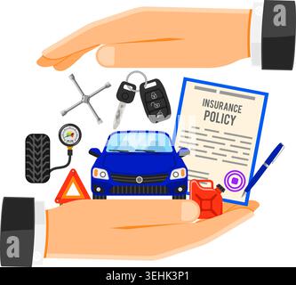 Car Insurance Concept for Poster, Web Site, Advertising like Umbrella, Policy, Key, Jerrycan and Manometer. Stock Vector