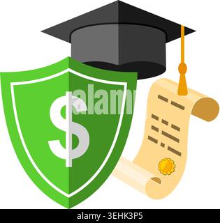 Education Insurance Flat Icon for Poster, Web Site, Advertising like Mortarboard, Shield, Certificate. Stock Vector