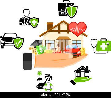 Insurance services Concept infographics with Two Color flat Icons Set such as property, family, life, education, travel and business insurance. Isolat Stock Vector