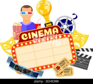 Cinema and Movie time Banner with flat icons transparent film, popcorn, signboard, masks, award and tickets. Vector illustration Stock Vector