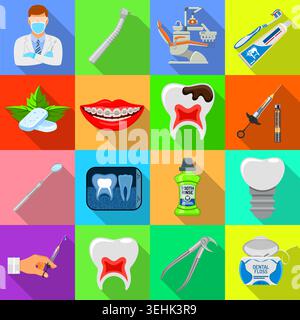 Set Dental Services and Stomatology icons in flat style on Square with Long Shadows like Doctor, dentist chair, braces, cartridge syringe and implant. Stock Vector