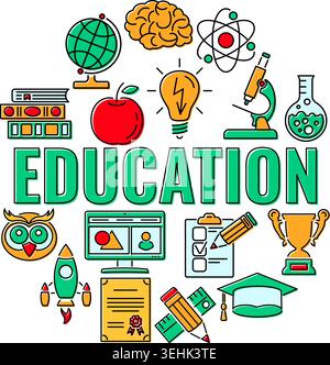 Online distance education banner with typography and colored line flat icons test, diploma, startup, books. isolated vector illustration Stock Vector