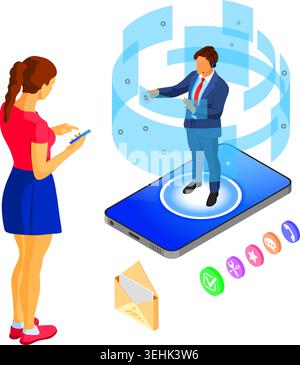 Online isometric customer support concept. Mobile call center with virtual man consultant, headset, rating, chat icons, mobile phone. isometric people Stock Vector