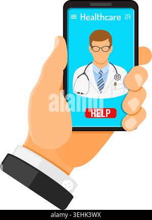 Online doctor Concept. Man holding smart phone in hand and calls doctor. Flat style icons. Isolated vector illustration Stock Vector