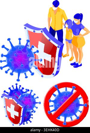 covid-19 virus strain with shield protect family in masks. quarantine from Wuhan novel coronavirus. stop pandemic covid-19 coronavirus outbreak in Chi Stock Vector
