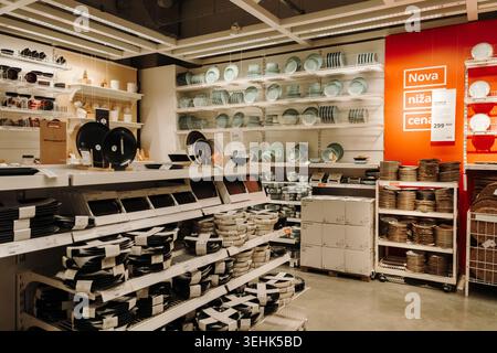 Kitchenware and dining products displayed inside IKEA store in Belgrade. Belgrade, Serbia - May 12, 2026. Stock Photo