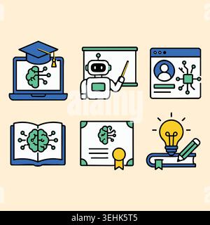 Set of linear icons representing artificial intelligence school study online education brain development and creative learning technology symbols for Stock Vector