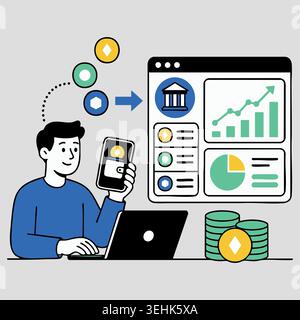 Young businessman checking trading analytics charts with graphs and statistics on laptop and virtual screen for successful stock investment strategy a Stock Vector