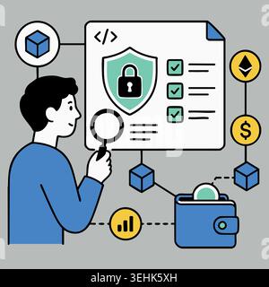 Man inspecting blockchain digital security parameters with magnifying glass code dashboard and safe lock icon for cryptocurrency protection and cyber Stock Vector